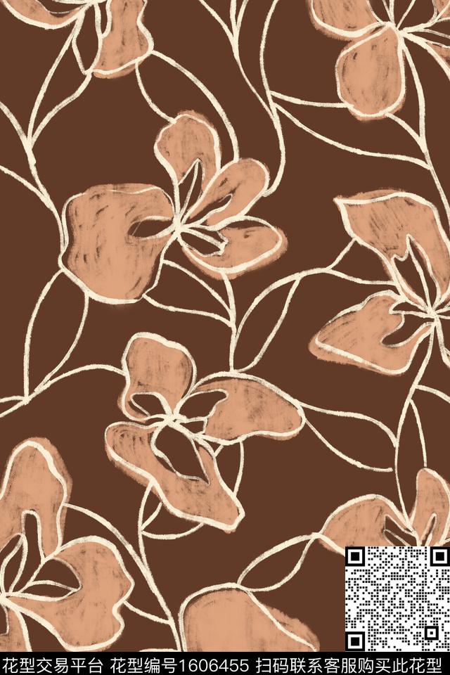 线条抽象花卉抽象数码印花华亿平台下载（图片编号: 1606455） - 瓦栏（Walan）