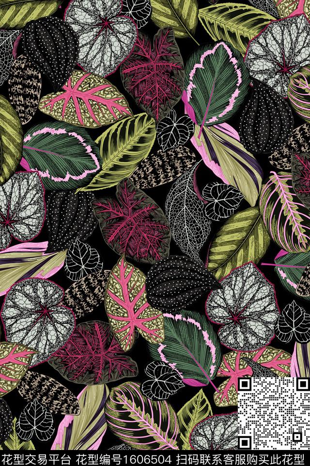 黑底花卉绿植树叶热带华亿平台数码印花华亿平台下载（图片编号: 1606504） - 瓦栏（Walan）