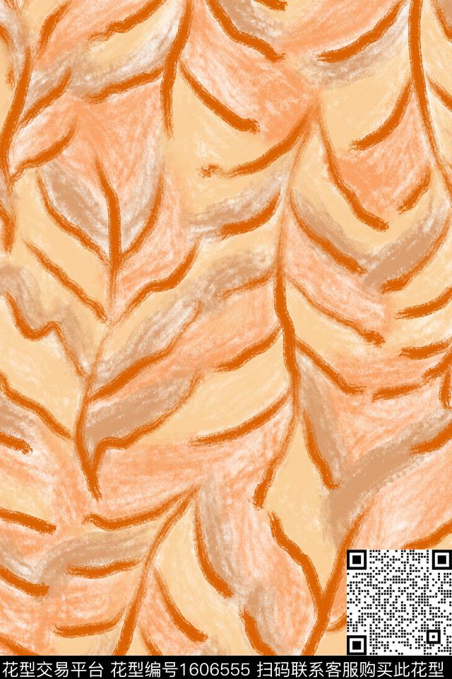 线条笔触绿植树叶数码印花华亿平台下载（图片编号: 1606555） - 瓦栏（Walan）