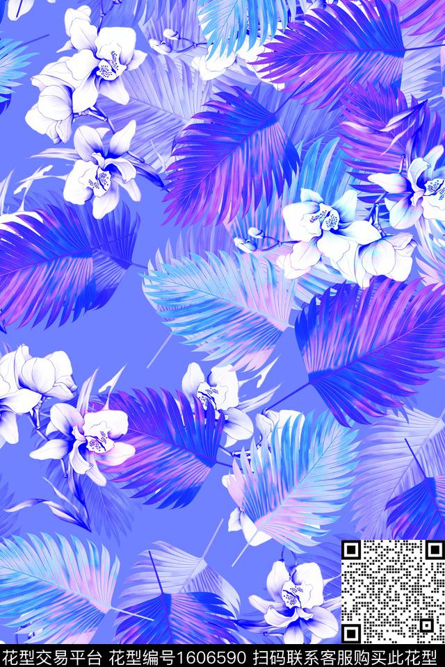 热带花卉棕榈叶数码印花华亿平台下载（图片编号: 1606590） - 瓦栏（Walan）