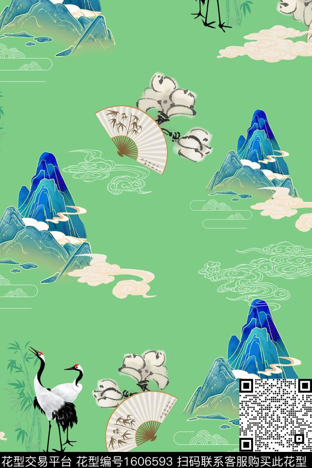 扇子仙鹤中国风数码印花华亿平台下载（图片编号: 1606593） - 瓦栏（Walan）