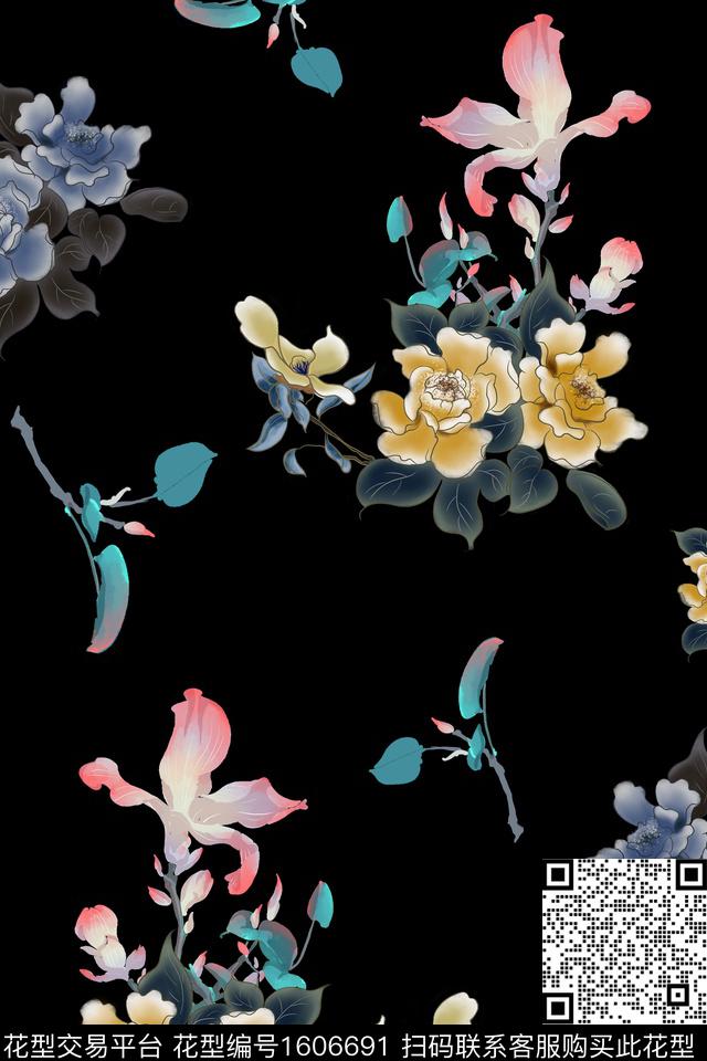 中国风花卉黑底花卉数码印花华亿平台下载（图片编号: 1606691） - 瓦栏（Walan）