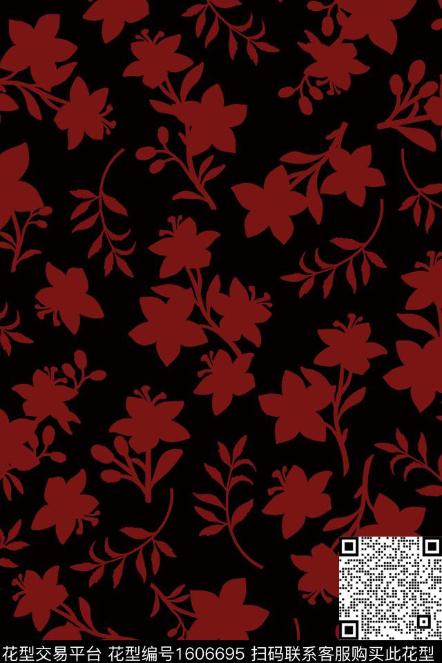 黑底花卉花卉传统印花华亿平台下载（图片编号: 1606695） - 瓦栏（Walan）
