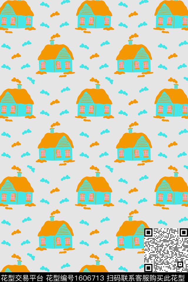 趣味房屋云朵数码印花华亿平台下载（图片编号: 1606713） - 瓦栏（Walan）