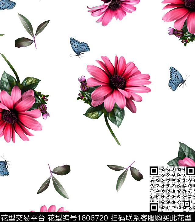 花卉蝴蝶雏菊数码印花华亿平台下载（图片编号: 1606720） - 瓦栏（Walan）