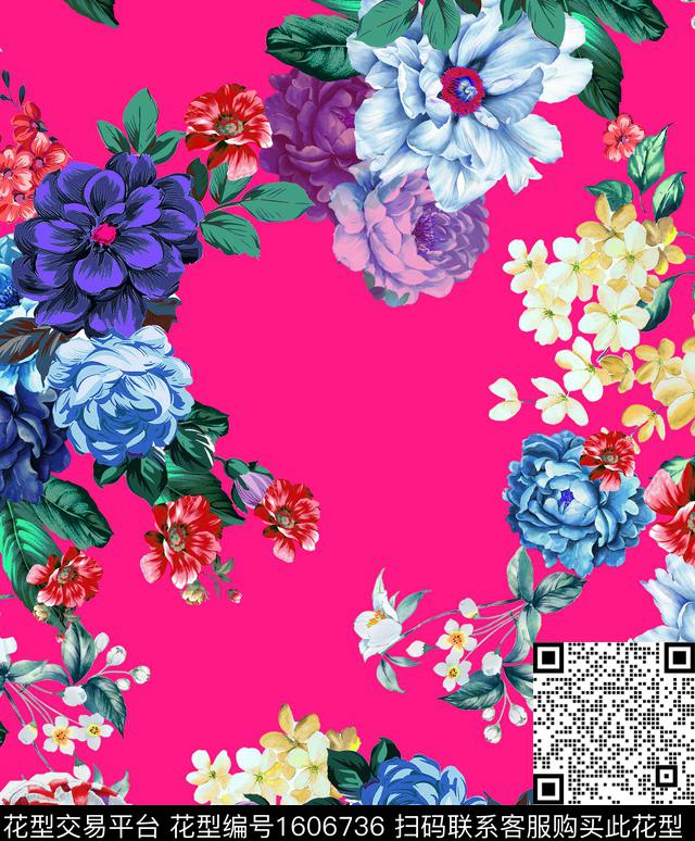 花卉水彩花卉玫红底数码印花华亿平台下载（图片编号: 1606736） - 瓦栏（Walan）