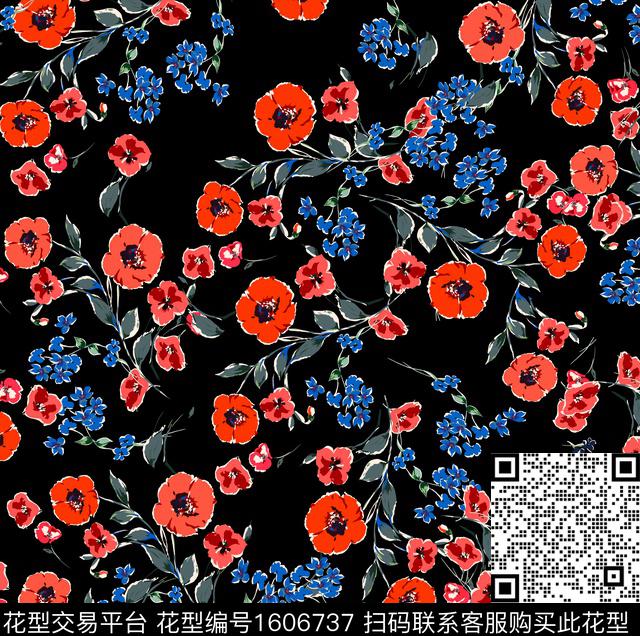 黑底花卉花卉小碎花传统印花华亿平台下载（图片编号: 1606737） - 瓦栏（Walan）