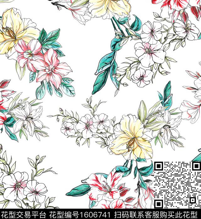 水彩花卉清爽底花卉白底花数码印花华亿平台下载（图片编号: 1606741） - 瓦栏（Walan）