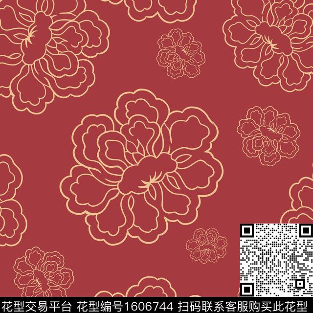 大花花卉线条花卉传统印花华亿平台下载（图片编号: 1606744） - 瓦栏（Walan）