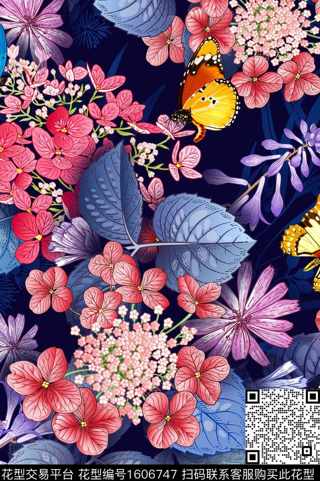 黑底花卉花卉蝴蝶数码印花华亿平台下载（图片编号: 1606747） - 瓦栏（Walan）