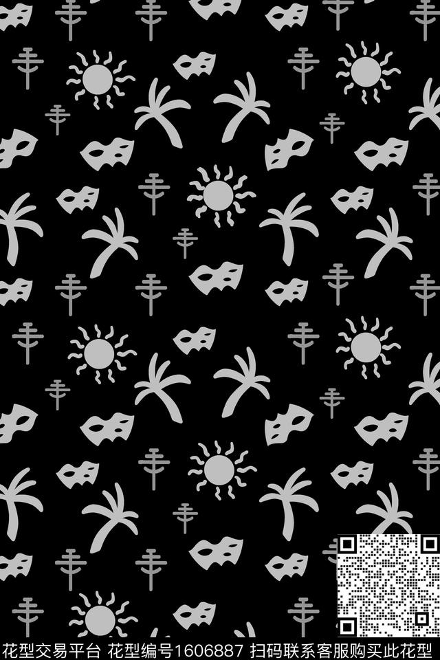 热带树木黑白传统印花华亿平台下载（图片编号: 1606887） - 瓦栏（Walan）