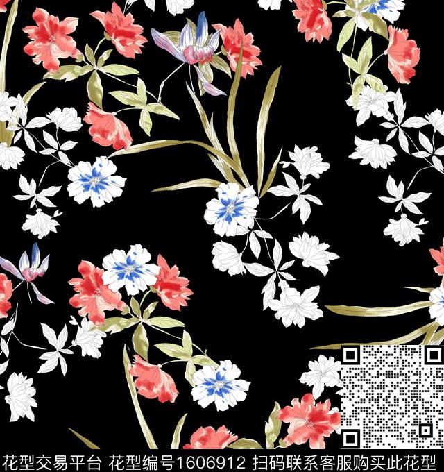 花卉水彩花卉黑底花卉数码印花华亿平台下载（图片编号: 1606912） - 瓦栏（Walan）