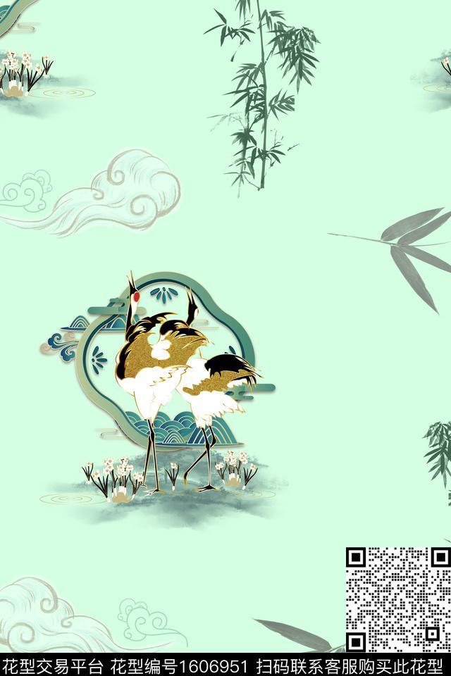 仙鹤绿植树叶竹子数码印花华亿平台下载（图片编号: 1606951） - 瓦栏（Walan）