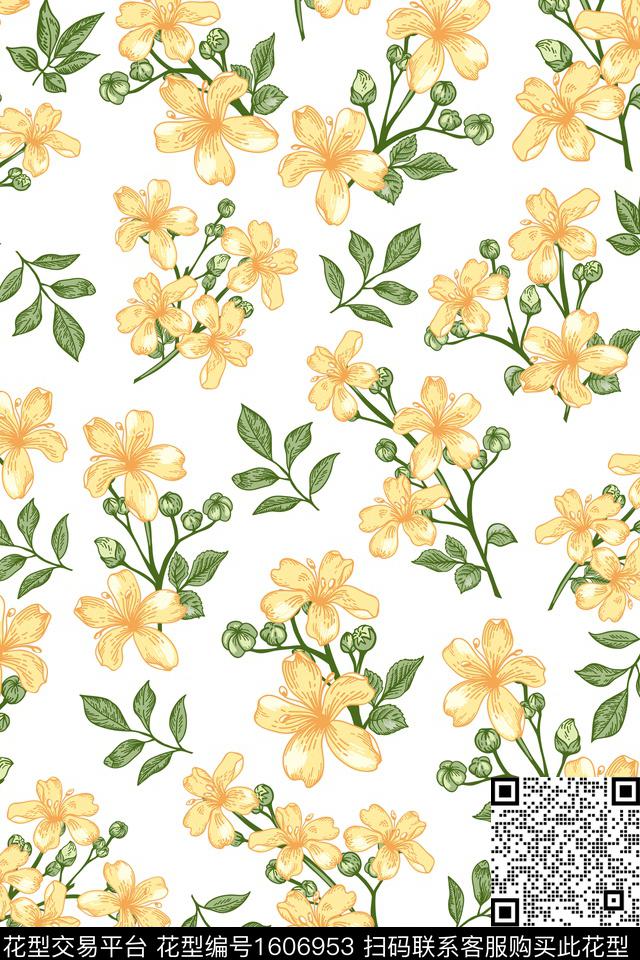 白底花清爽底花卉花卉传统印花华亿平台下载（图片编号: 1606953） - 瓦栏（Walan）