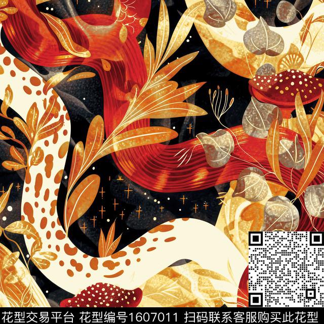 蘑菇蛇绿植树叶传统印花华亿平台下载（图片编号: 1607011） - 瓦栏（Walan）