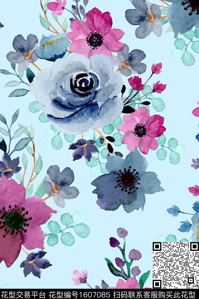 大花花卉水彩数码印花华亿平台下载（图片编号: 1607085） - 瓦栏（Walan）