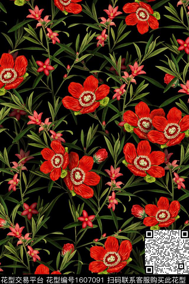 植物黑底花卉花卉数码印花华亿平台下载（图片编号: 1607091） - 瓦栏（Walan）