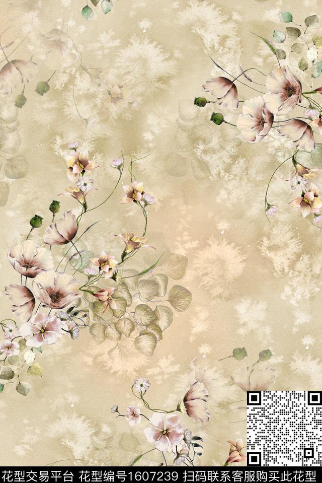 中国风植物花卉水彩肌理底纹渐变古风复古数码印花华亿平台下载（图片编号: 1607239） - 瓦栏（Walan）