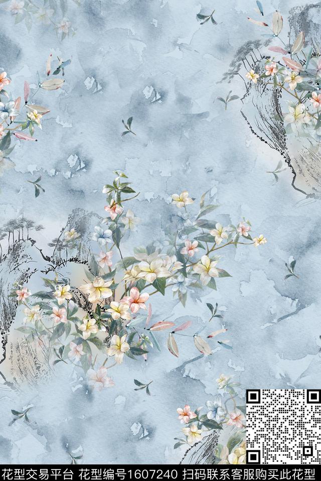 中国风植物花卉水彩肌理底纹渐变古风复古数码印花华亿平台下载（图片编号: 1607240） - 瓦栏（Walan）