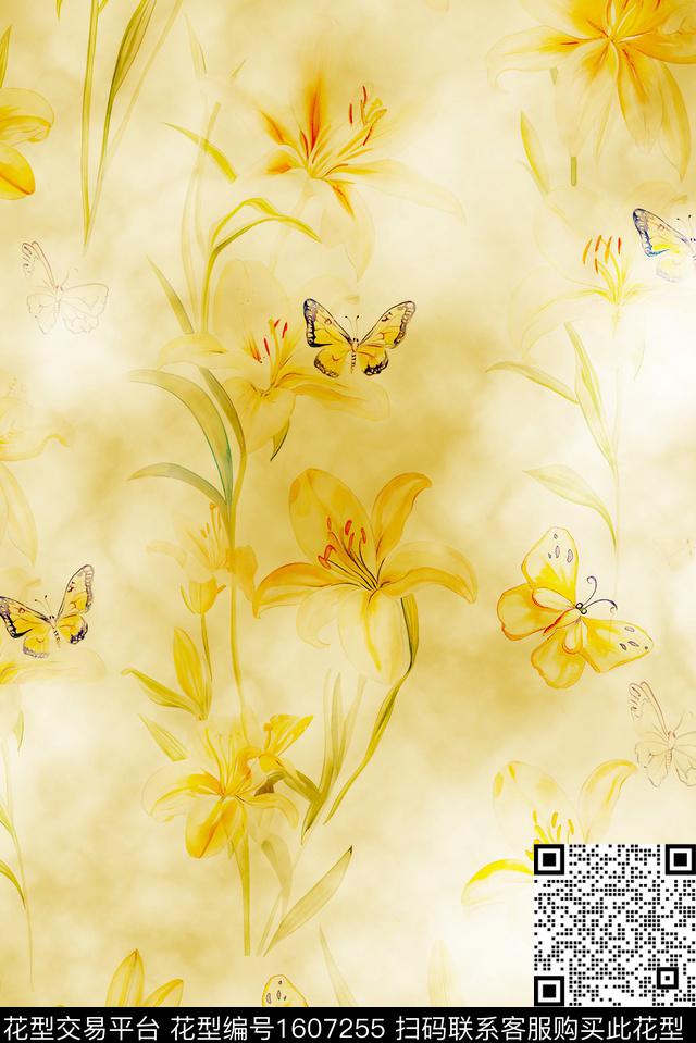 花卉水彩花卉蝴蝶数码印花华亿平台下载（图片编号: 1607255） - 瓦栏（Walan）