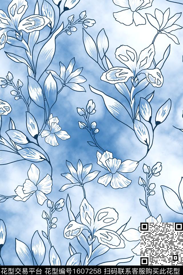 花卉水彩渐变数码印花华亿平台下载（图片编号: 1607258） - 瓦栏（Walan）