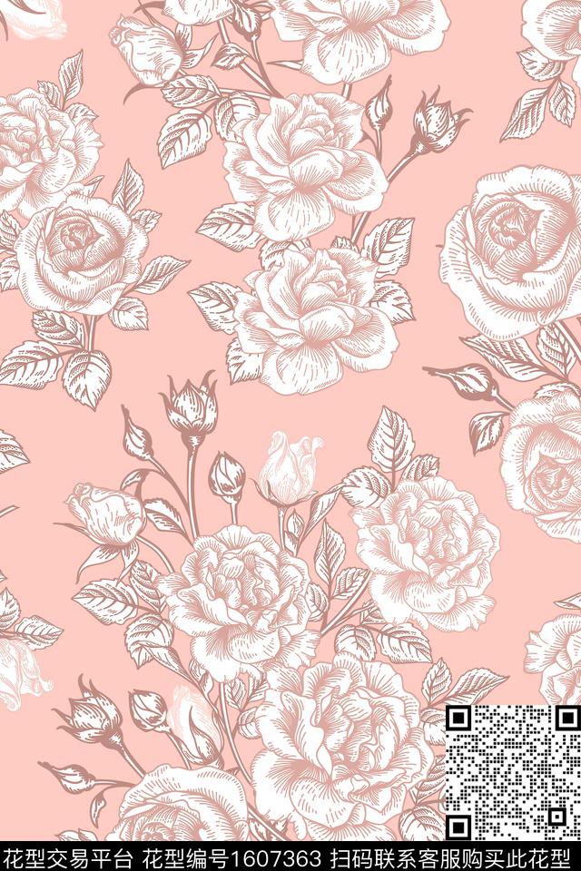 手绘玫瑰大花花卉传统印花华亿平台下载（图片编号: 1607363） - 瓦栏（Walan）