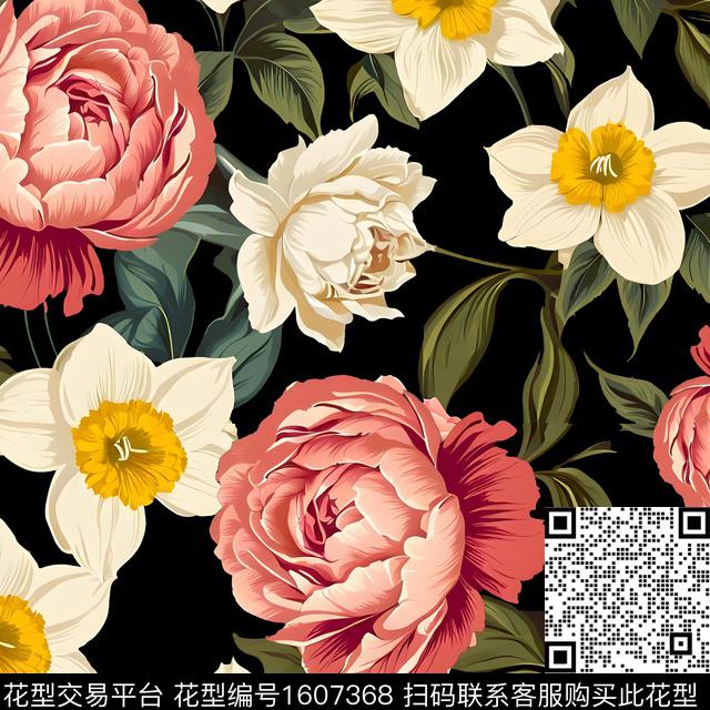 花卉大花黑底花卉数码印花华亿平台下载（图片编号: 1607368） - 瓦栏（Walan）