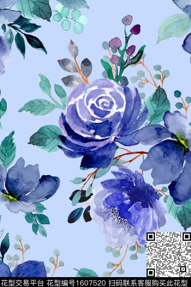 大花花卉水彩数码印花华亿平台下载（图片编号: 1607520） - 瓦栏（Walan）