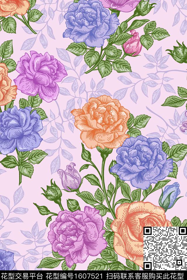 大花花卉春夏华亿平台传统印花华亿平台下载（图片编号: 1607521） - 瓦栏（Walan）