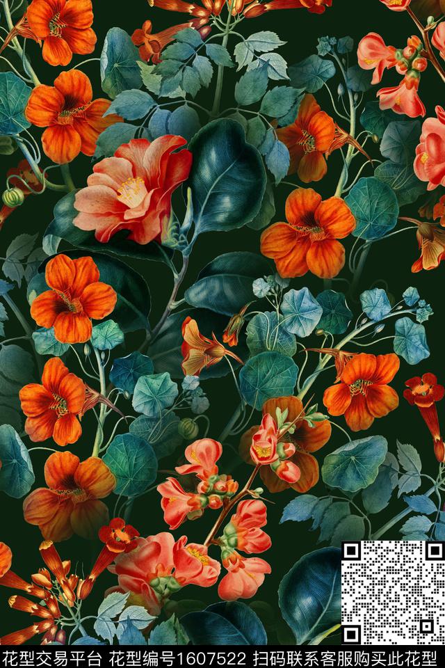 植物黑底花卉花卉数码印花华亿平台下载（图片编号: 1607522） - 瓦栏（Walan）