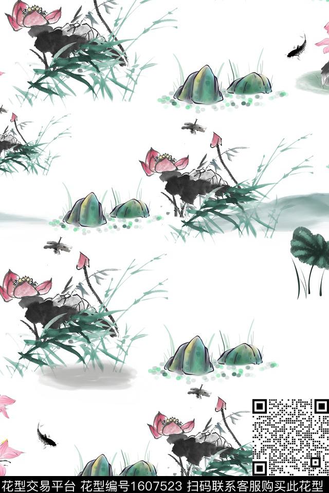 中国风花卉鱼数码印花华亿平台下载（图片编号: 1607523） - 瓦栏（Walan）