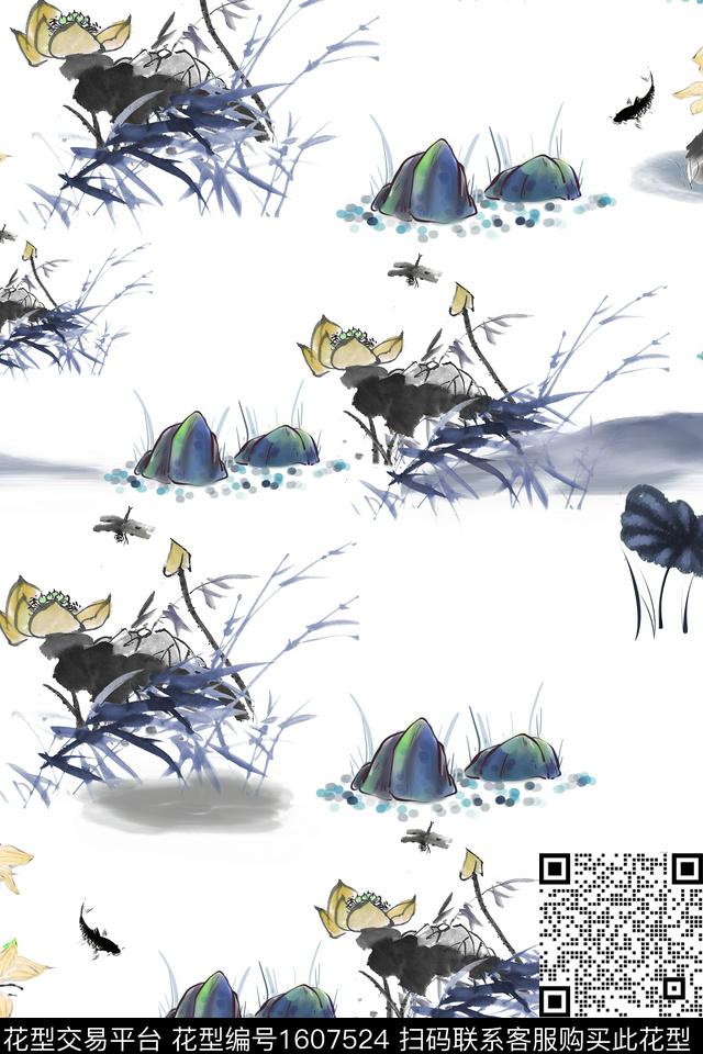 中国风花卉鱼数码印花华亿平台下载（图片编号: 1607524） - 瓦栏（Walan）
