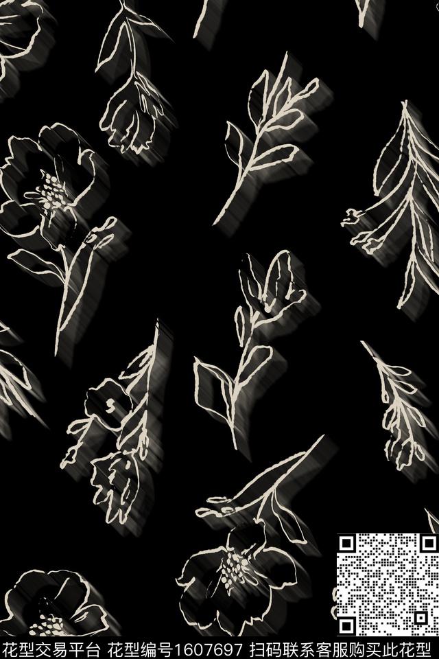 线条花卉花卉黑底花卉数码印花华亿平台下载（图片编号: 1607697） - 瓦栏（Walan）