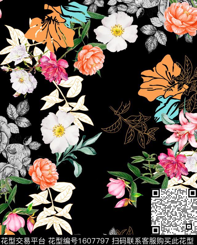 花卉黑底花卉数码印花华亿平台下载（图片编号: 1607797） - 瓦栏（Walan）
