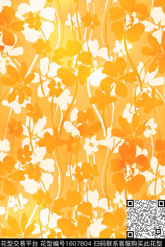 花卉剪影水彩数码印花华亿平台下载（图片编号: 1607804） - 瓦栏（Walan）