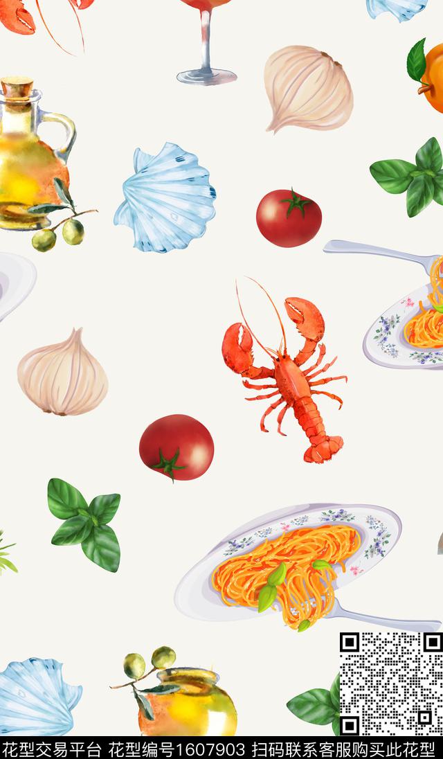 趣味意大利面蔬菜数码印花华亿平台下载（图片编号: 1607903） - 瓦栏（Walan）