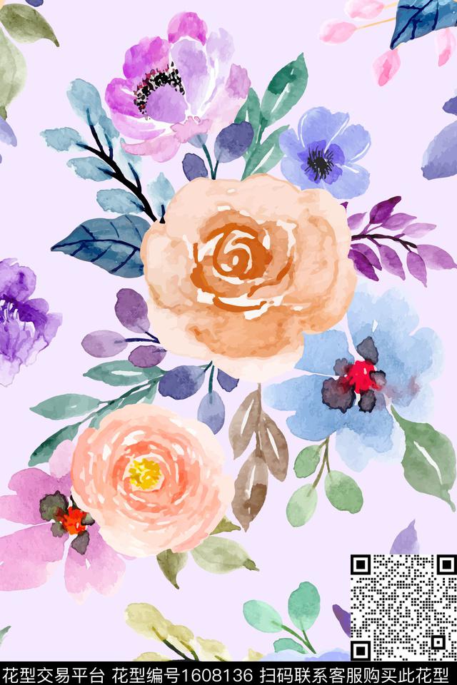大花春夏华亿平台水彩花卉数码印花华亿平台下载（图片编号: 1608136） - 瓦栏（Walan）