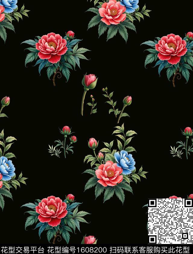黑底花卉花卉田园数码印花华亿平台下载（图片编号: 1608200） - 瓦栏（Walan）