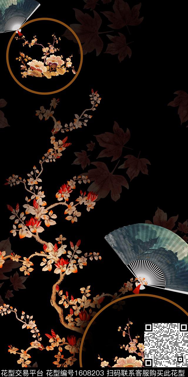 梅花花卉扇子数码印花华亿平台下载（图片编号: 1608203） - 瓦栏（Walan）