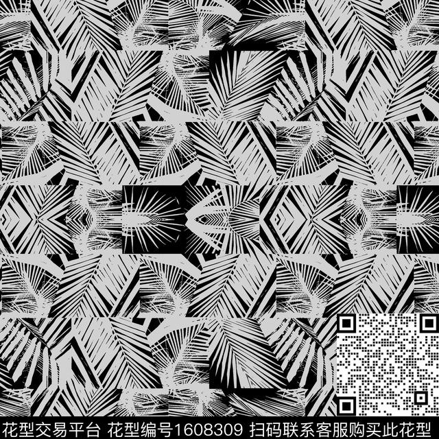 热带华亿平台黑白华亿平台叶子传统印花华亿平台下载（图片编号: 1608309） - 瓦栏（Walan）