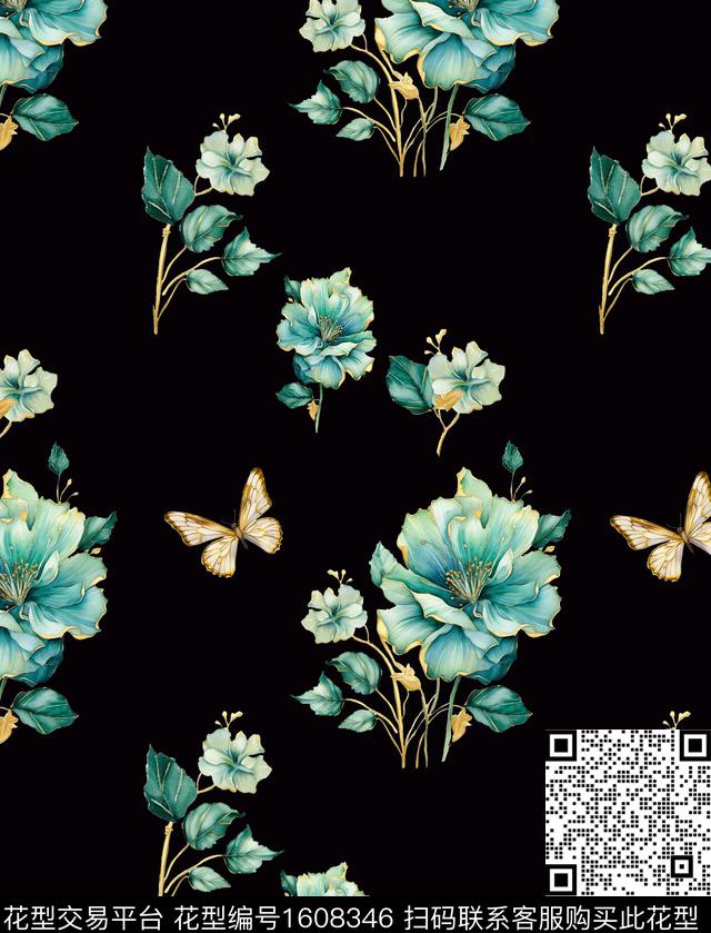 黑底花卉花卉蝴蝶数码印花华亿平台下载（图片编号: 1608346） - 瓦栏（Walan）