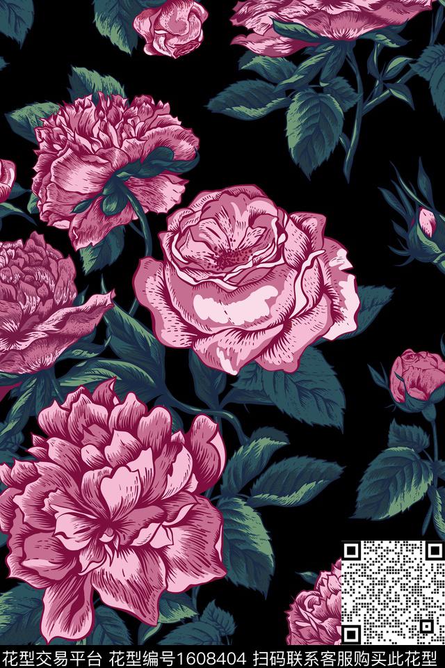 大花花卉黑底花卉传统印花华亿平台下载（图片编号: 1608404） - 瓦栏（Walan）