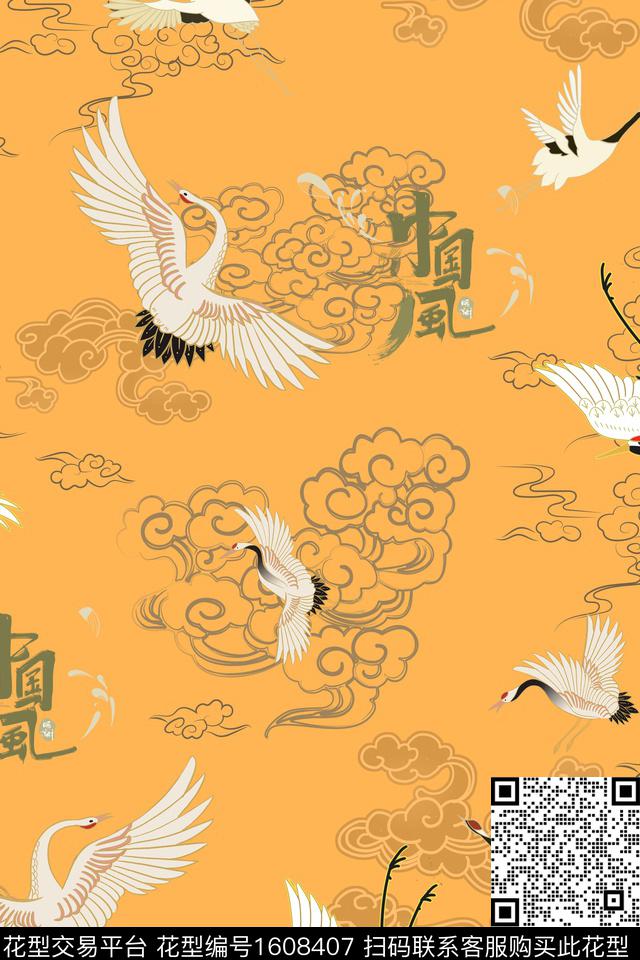 仙鹤文字中国风数码印花华亿平台下载（图片编号: 1608407） - 瓦栏（Walan）