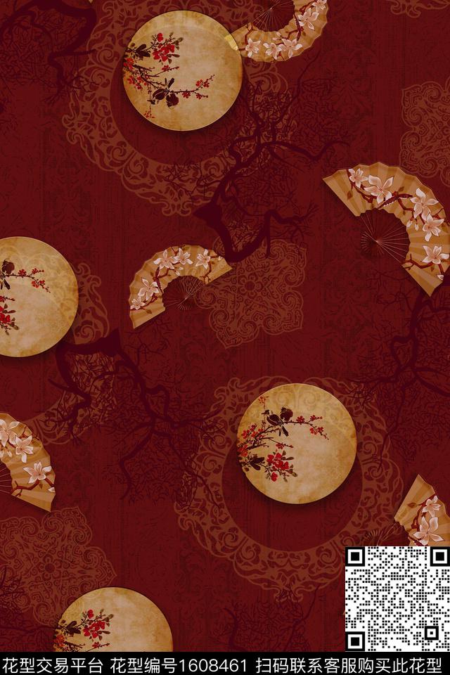 中国风花卉扇子数码印花华亿平台下载（图片编号: 1608461） - 瓦栏（Walan）