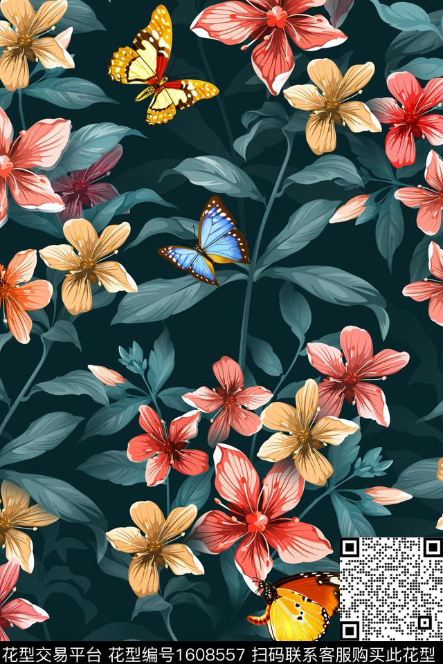 花卉蝴蝶深底花卉数码印花华亿平台下载（图片编号: 1608557） - 瓦栏（Walan）
