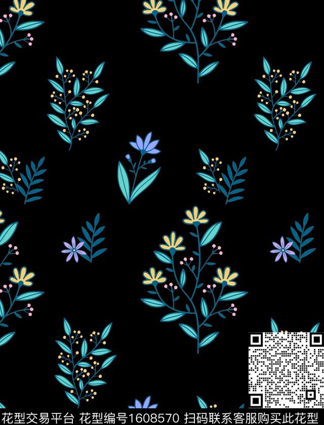 黑底花卉小碎花花卉传统印花华亿平台下载（图片编号: 1608570） - 瓦栏（Walan）