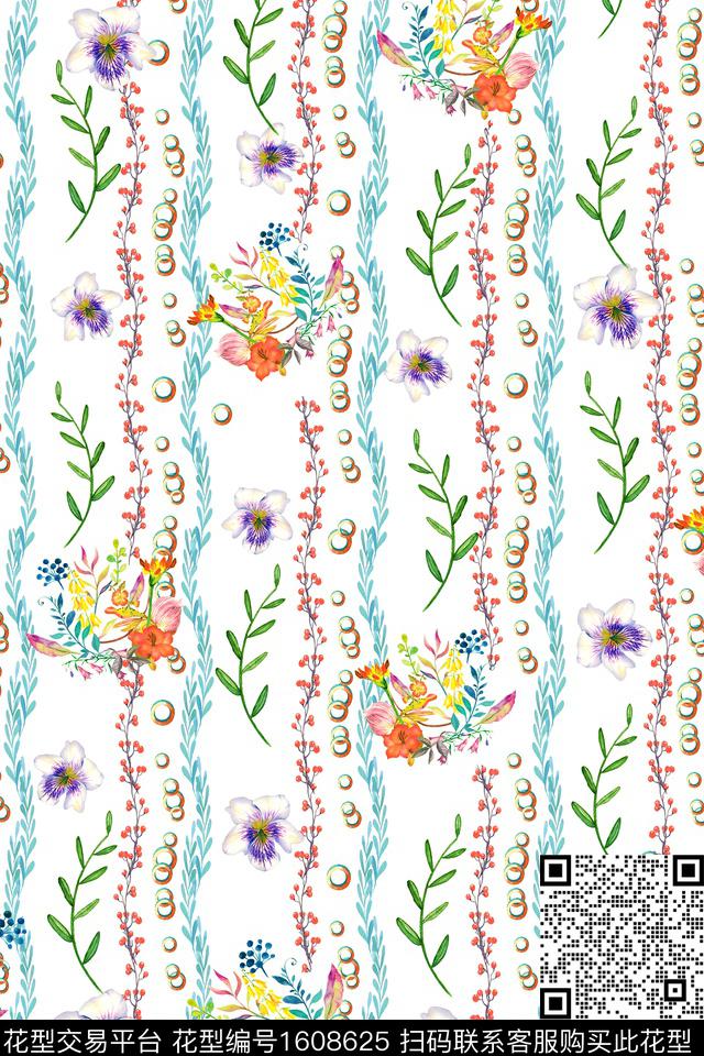花卉水彩花卉条纹数码印花华亿平台下载（图片编号: 1608625） - 瓦栏（Walan）