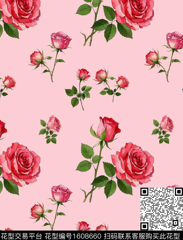花卉水彩花卉玫瑰花数码印花华亿平台下载（图片编号: 1608660） - 瓦栏（Walan）