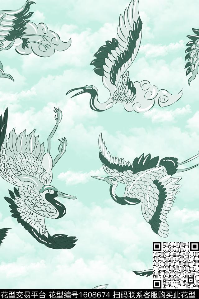 中国风仙鹤水墨风数码印花华亿平台下载（图片编号: 1608674） - 瓦栏（Walan）