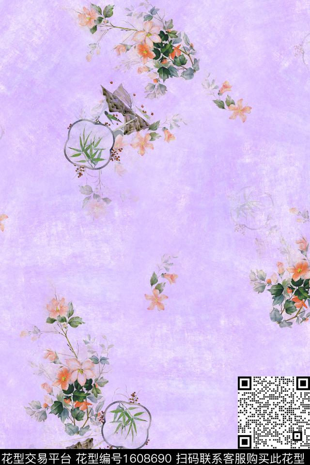 花卉水彩中国风数码印花华亿平台下载（图片编号: 1608690） - 瓦栏（Walan）